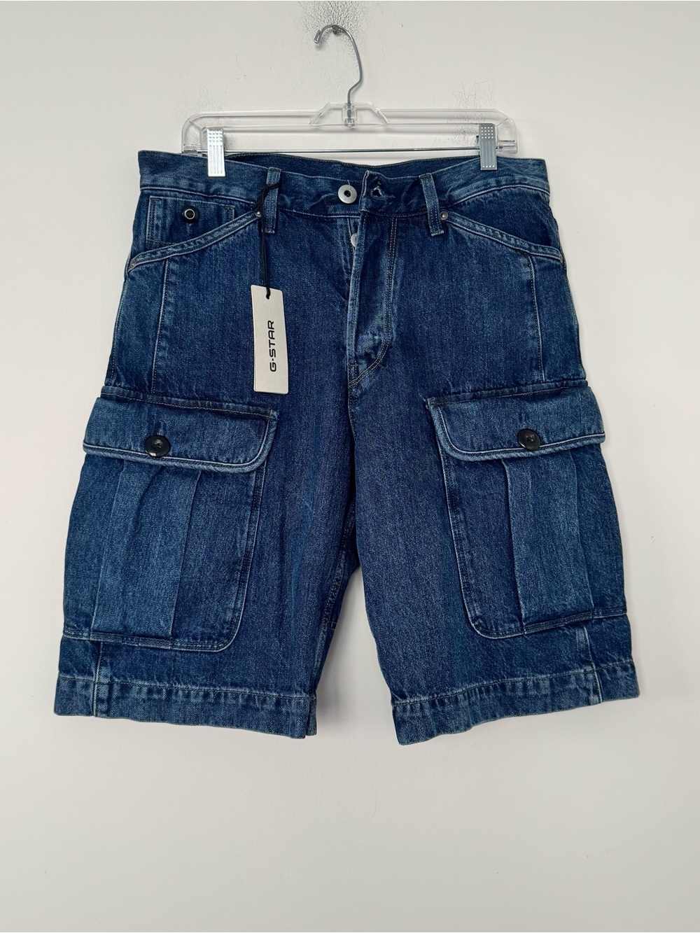 New G-Star RAW Bend 3D Cargo Shorts 31 Dark Blue Denim Button Fly Utility $160